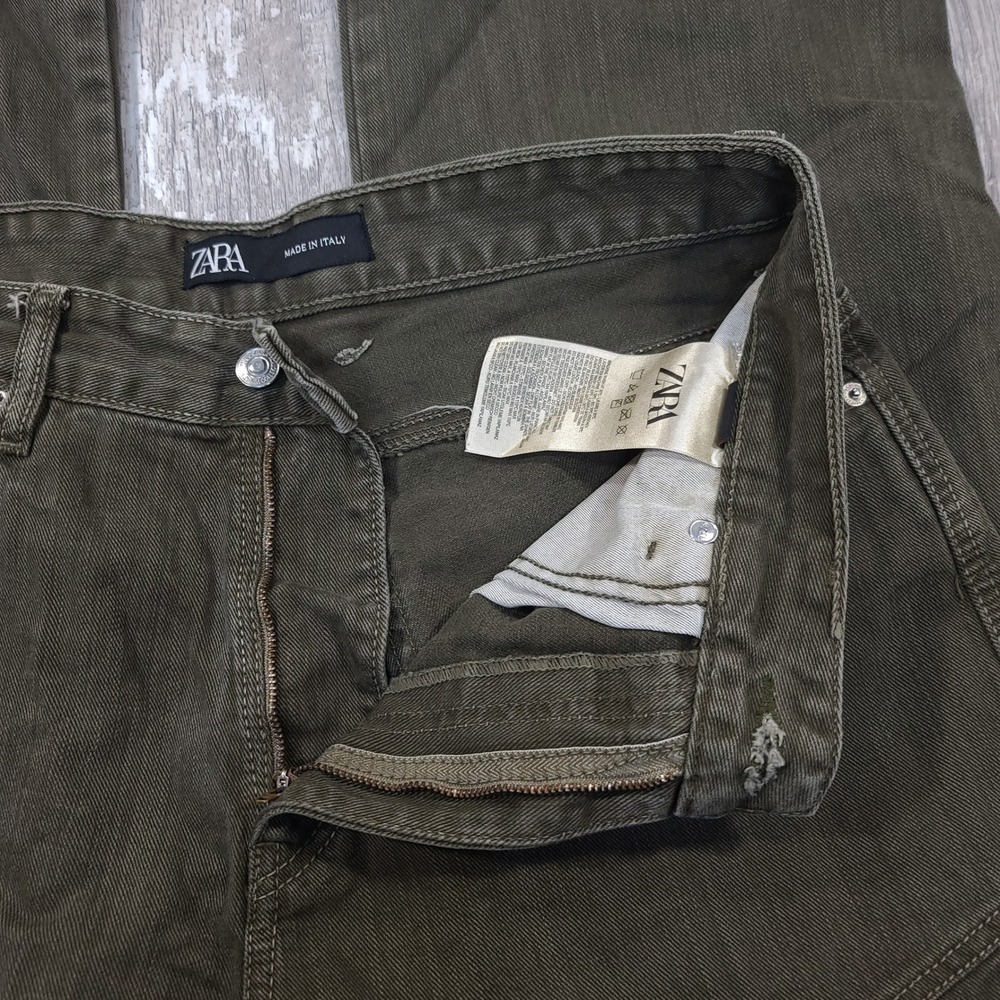 Zara Cargo Pants Mens 34x32 Olive Green Denim Straight Leg Utility Workwear - Picture 6 of 7